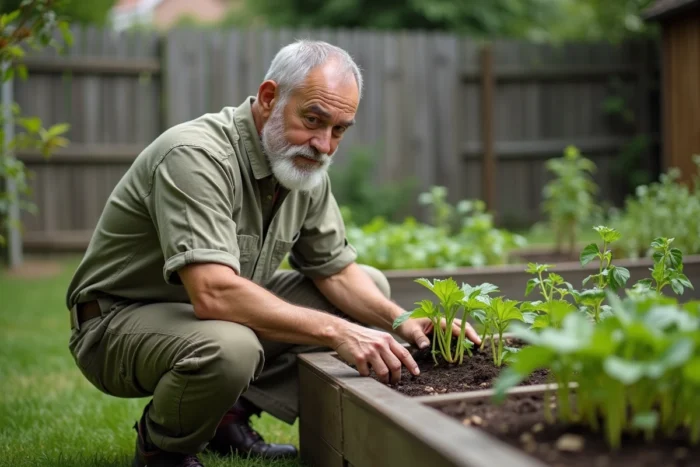 Un homme senior jardinent dans son potager, activité bénéfique pour le bien-être et l'épanouissement des personnes âgées au quotidien