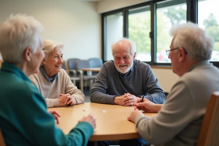 Groupe de seniors jouant à un jeu de société dans un centre communautaire, illustrant le lien social et les activités enrichissantes pour les personnes âgées
