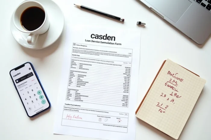 Vue de dessus d'une simulation de prêt Casden avec formulaire, calculatrice et carnet de notes sur un bureau