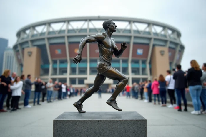 Statue de bronze d'une légende du sport devant un stade entourée de visiteurs admiratifs