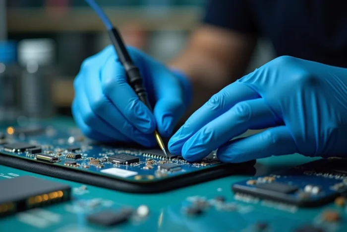 Technicien en gants anti-statiques effectuant une réparation de précision sur la carte mère d'un smartphone dans un atelier professionnel