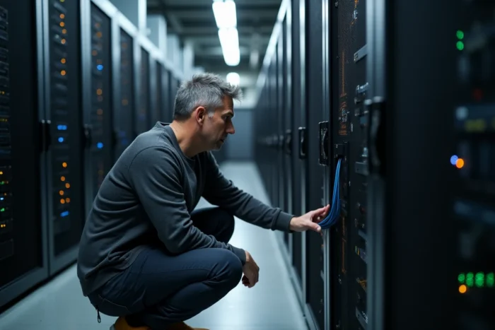 Technicien informatique inspectant les serveurs et les câbles dans une salle de données d'entreprise sécurisée