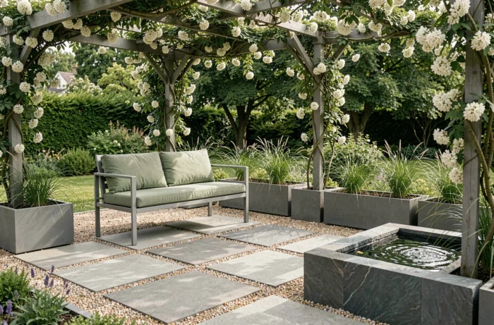 Terrasse jardin tendance avec dalles béton, banc en acier laqué vert sauge, jardinières minimalistes et pergola couverte de jasmin grimpant