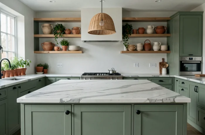 Cuisine contemporaine tendance avec îlot en marbre Calacatta, armoires vert sauge, étagères ouvertes avec vaisselle artisanale et herbes aromatiques en pot