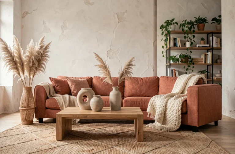 Salon moderne décoré avec des tendances maison actuelles : canapé en lin terracotta, vases en céramique et herbes de pampa dans un vase en rotin