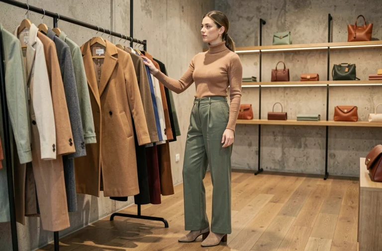 Femme élégante en boutique de mode découvrant les tendances vestimentaires de la saison, manteau camel et pantalon large