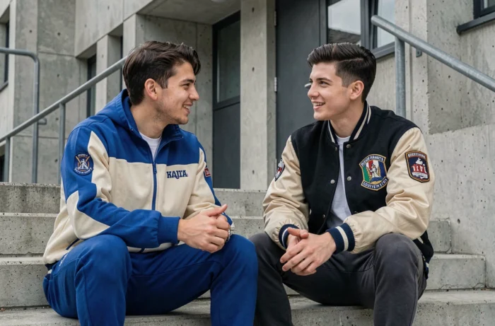 Deux amis en tenue streetwear tendance — tracksuit color block et veste varsity — assis sur des marches en béton devant un bâtiment brutaliste urbain