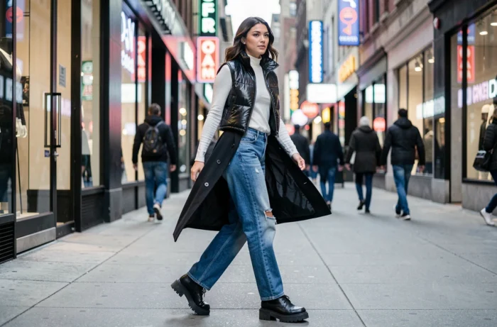 Femme en veste puffer noire et jean wide-leg marchant dans une rue urbaine animée, look streetwear tendance et moderne