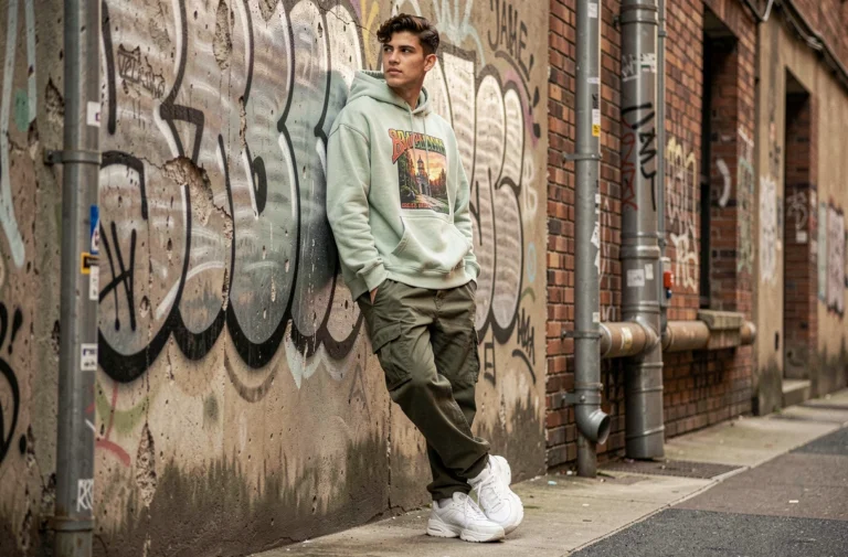 Jeune homme en hoodie oversize vert sauge et cargo pants kaki adopte un style streetwear urbain dans une ruelle avec mur en béton grafité