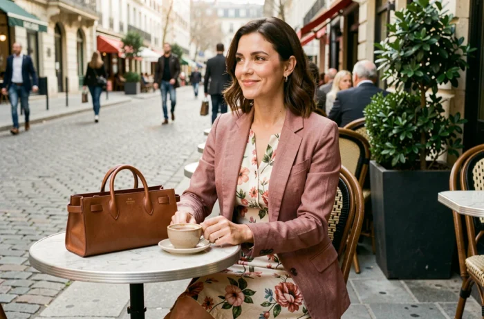 Mulher em vestido midi floral e blazer de linho rosa posando em uma varanda de café com uma bolsa estruturada, estilo de moda urbana primaveril