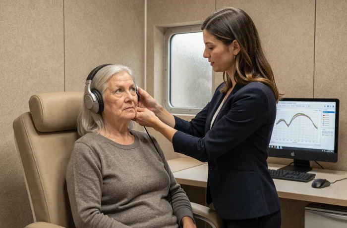 Test auditif d'une patiente senior dans une cabine audiométrique insonorisée avec une audioprothésiste