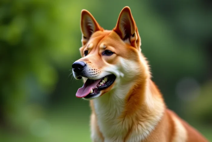 Tosa Inu photographié dans un jardin japonais, sa tête massive et sa mâchoire impressionnante bien visibles