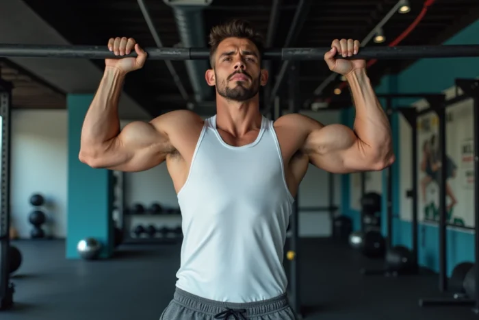 Homme musclé effectuant des tractions à la salle de sport sur une barre fixe intérieure