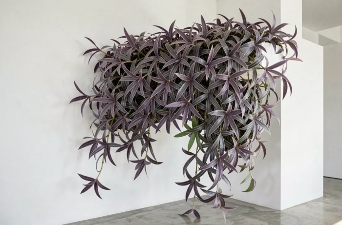 Tradescantia zebrina aux feuilles rayées pourpre et argent recouvrant généreusement un pan de mur blanc en intérieur