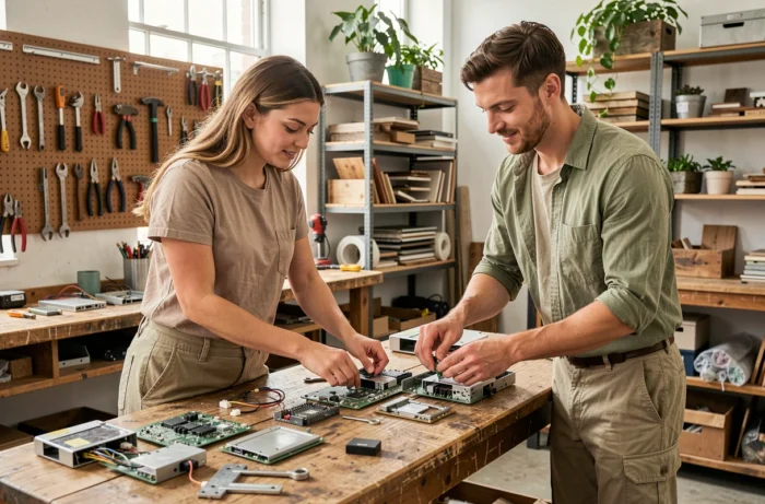 Deux jeunes adultes triant des composants électroniques recyclables dans un atelier d'upcycling urbain
