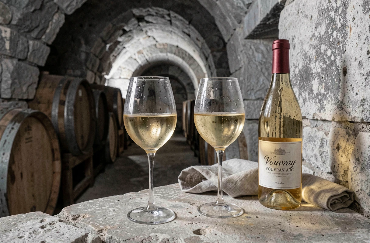 Deux verres de vin blanc Vouvray AOC dans une cave troglodyte en tuffeau de la Loire