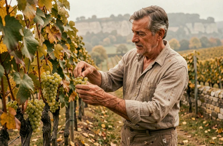 Vigneron examinant des raisins de Chenin Blanc dans un vignoble de Vouvray en automne