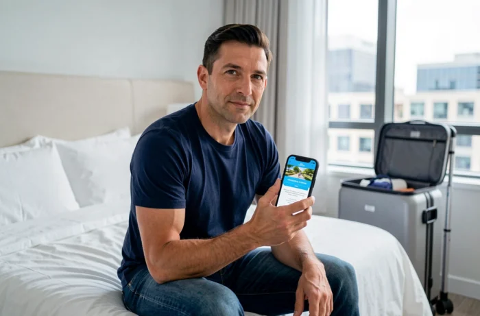 Voyageur vérifiant sa protection Aircover Airbnb sur smartphone dans une chambre de location moderne en ville