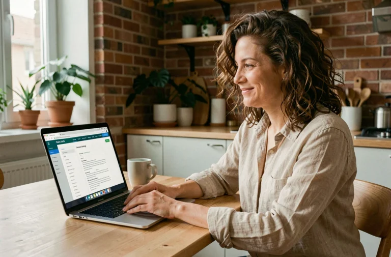 Voyageuse consultant l'assurance Aircover Airbnb sur son ordinateur portable dans un appartement Airbnb moderne