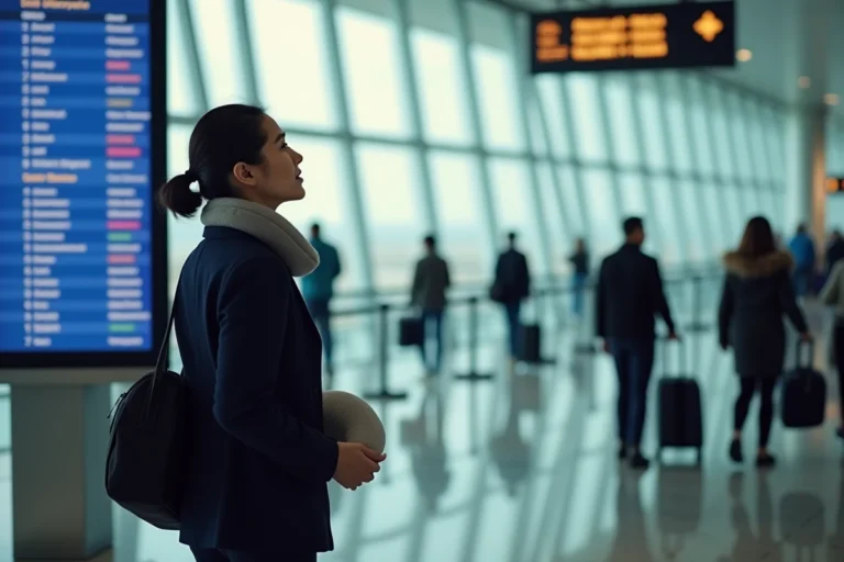 Voyageuse consultant le tableau des départs d'un aéroport international pour un vol Paris-Bangkok