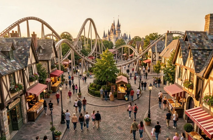 Panoramablick auf einen großen Freizeitpark in Frankreich mit Schloss und Attraktionen