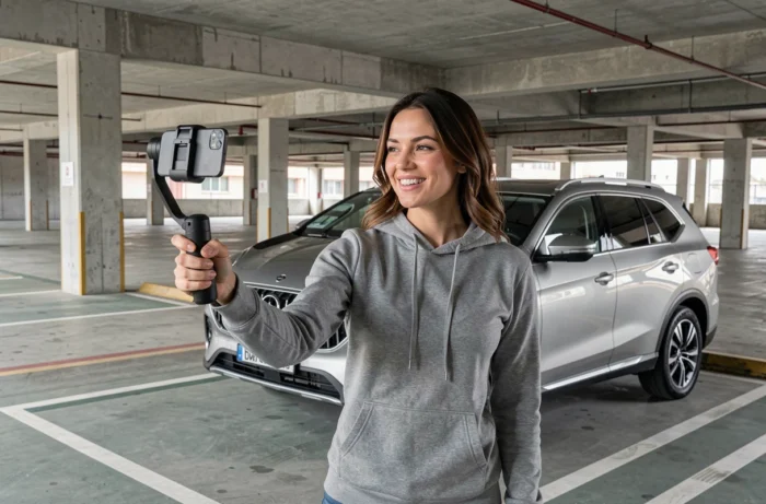 Femme créatrice de contenu YouTube filmant une voiture dans un parking urbain pour sa chaîne automobile